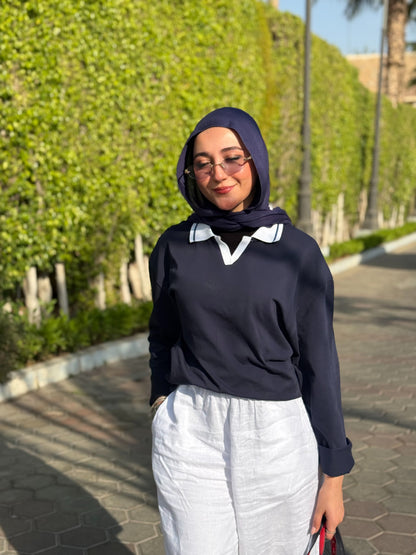 SLEEVE NAVY EASE COLLAR TEE