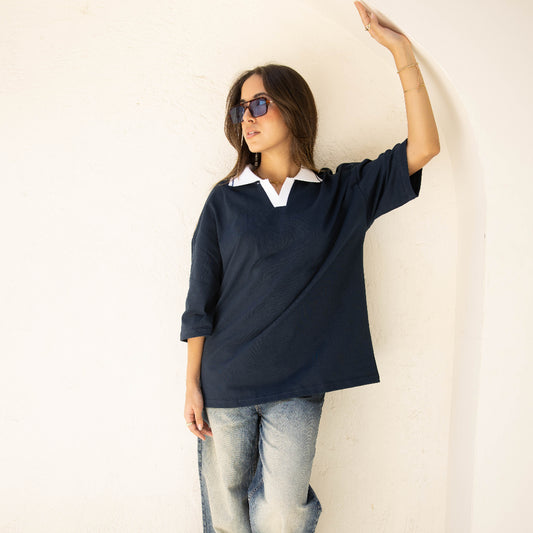 NAVY EASE COLLAR TEE